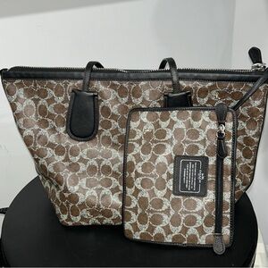 Coach Brown Monogram Tote Bag with Leather Trim